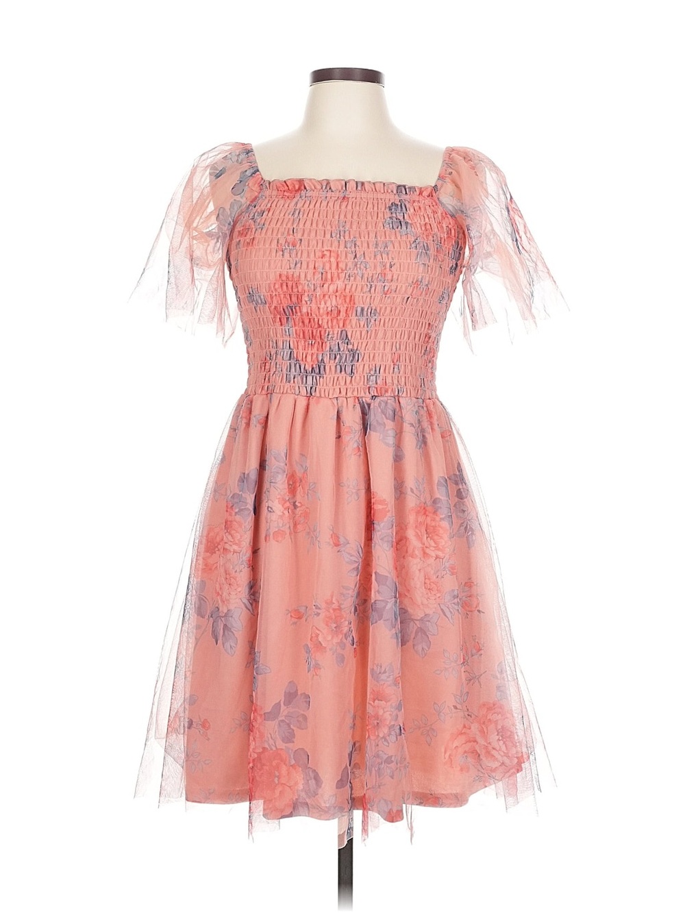 NWT Large Baltic Born Coral Floral Smocked Tulle Dress with Puff Sleeves